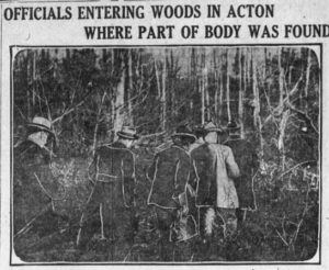 1923 news clipping: image of men with headline "Officials Entering Woods in Acton Where Part of Body Was Found"