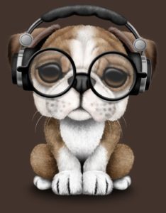 image of cute cartoon dog wearing headphones (artist: Jeff Bartels)