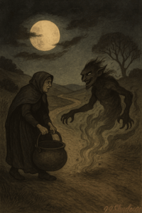 illustration of an old woman holding a pot that holds a trickster; obscure folklore